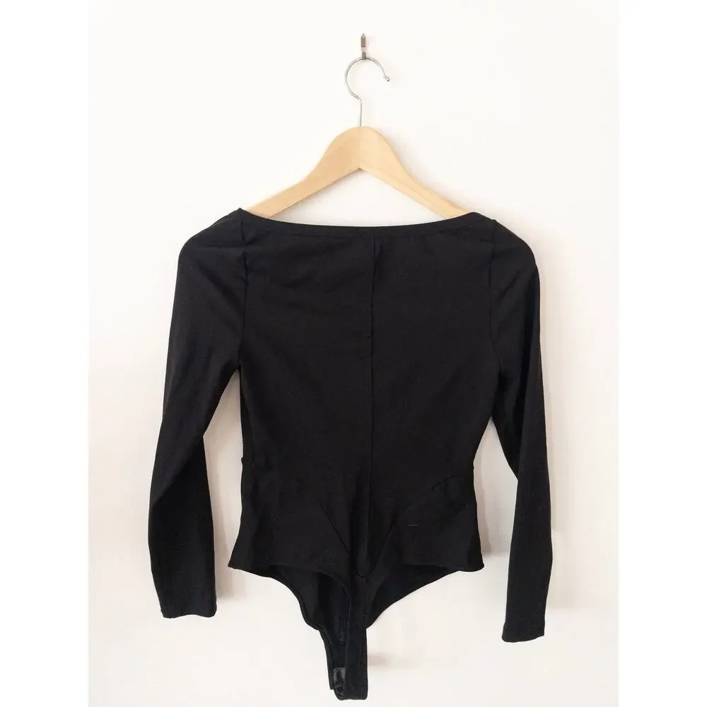 Free People Intimately Corset Style Thong Long Sleeve Black Bodysuit Small - Picture 2 of 5